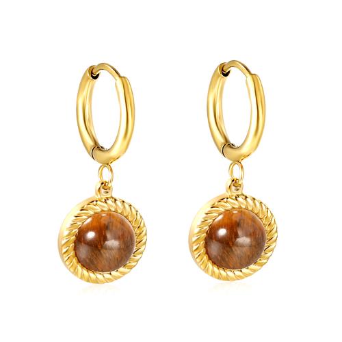 Boucle d'oreille en demi-gemme , Acier inoxydable 304, avec oeil de tigre, Placage de couleur d'or, bijoux de mode & pour femme, Vendu par paire