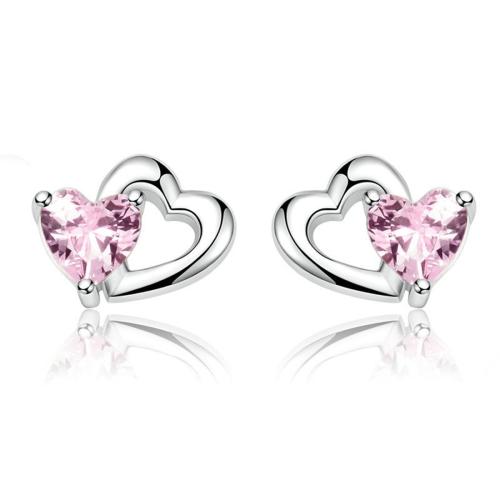 925 Sterling Silver Stud Earring, Heart, platinum plated, for woman & with cubic zirconia 