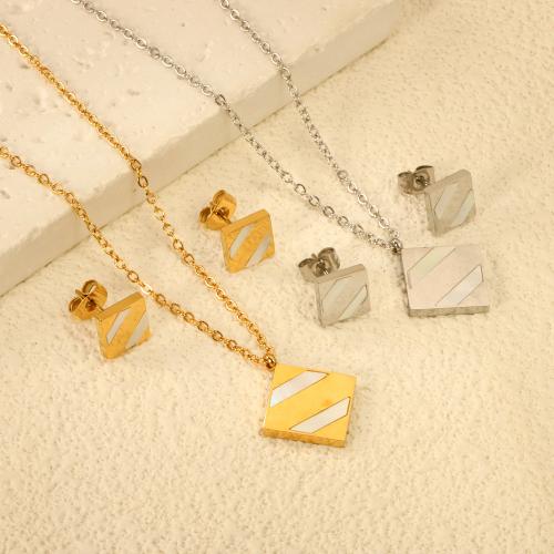 Conjuntos de joyería de acero inoxidable, acero inoxidable 304, Pendiente de stud & collar, con Nácar Blanca, Cuadrado, chapado, 2 piezas & para mujer, más colores para la opción, Vendido por Set[