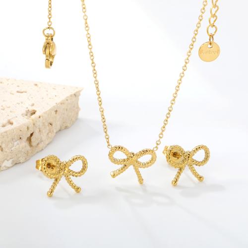 Conjuntos de joyería de acero inoxidable, acero inoxidable 304, Pendiente de stud & collar, Lazo, chapado, 2 piezas & para mujer & hueco, más colores para la opción, Vendido por Set[