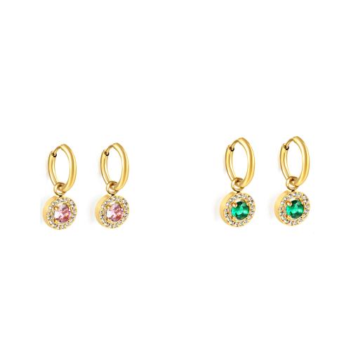 Boucle d'oreille goutte inox, Acier inoxydable 304, avec zircon cubique, Rond, Placage de couleur d'or, bijoux de mode & pour femme, plus de couleurs à choisir, Vendu par paire