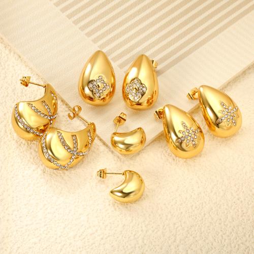 clou d'oreille en acier inoxydable avec stras, Acier inoxydable 304, larme, Plaqué or 18K, modèles différents pour le choix & pour femme & avec strass, Vendu par paire