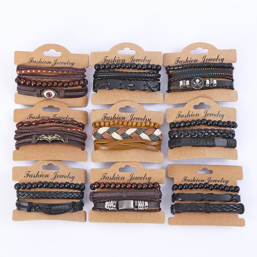 Cuero de PU Pulsera, con Obsidiana & Cordón de cera & madera & aleación de zinc, hecho a mano, enviado al azar & Vintage & unisexo, longitud:aproximado 6-10 Inch, Vendido por Set