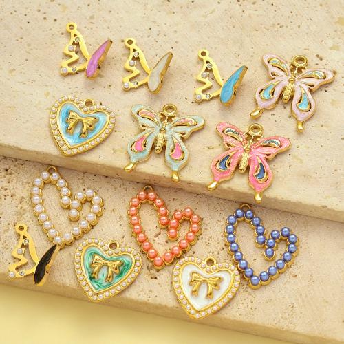 Enamel Stainless Steel Pendant, 304 Stainless Steel, with Plastic Pearl, gold color plated, DIY & with rhinestone 