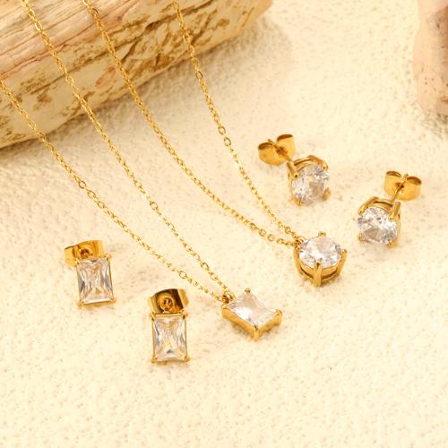 Cubic Zirconia Micro Pave Ensembles de bijoux en acier inoxydable, Acier inoxydable 304, Boucle d’oreille stud & collier, avec zircon cubique, Placage de couleur d'or, 2 pièces & styles différents pour le choix & pour femme, Vendu par fixé