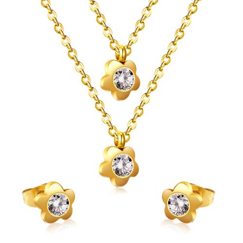 Bijoux strass en acier inoxydable Set, Acier inoxydable 304, Boucle d’oreille stud & collier, fleur, Placage, 2 pièces & pour femme & avec strass, plus de couleurs à choisir, Vendu par fixé[