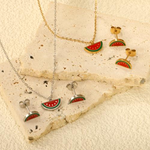 Ensembles de bijoux en acier inoxydable émaillé, Acier inoxydable 304, Boucle d’oreille stud & collier, pastèque, Placage, 2 pièces & pour femme, plus de couleurs à choisir, Vendu par fixé