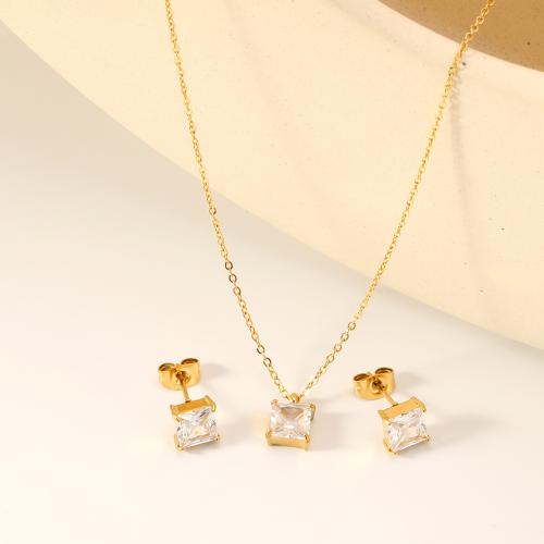 Cubic Zirconia Micro Pave Ensembles de bijoux en acier inoxydable, Acier inoxydable 304, Boucle d’oreille stud & collier, avec zircon cubique, Placage de couleur d'or, 2 pièces & styles différents pour le choix & pour femme, Vendu par fixé