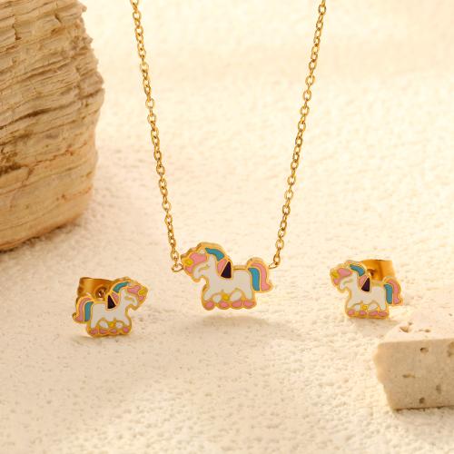 Ensembles de bijoux en acier inoxydable émaillé, Acier inoxydable 304, Boucle d’oreille stud & collier, Placage de couleur d'or, 2 pièces & styles différents pour le choix & pour femme, Vendu par fixé