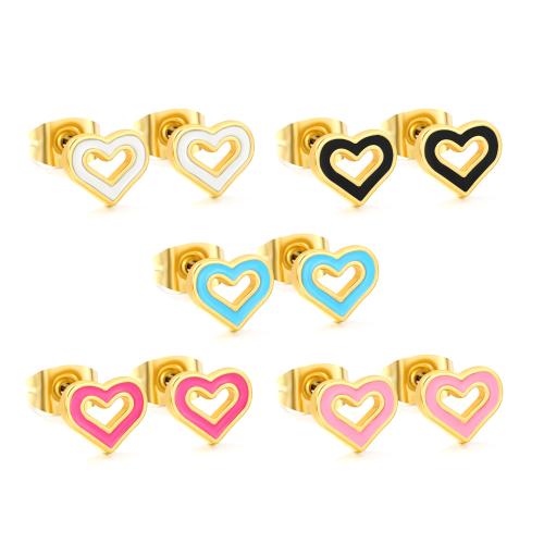 Stainless Steel Stud Earring, 304 Stainless Steel, Heart, gold color plated, for woman & enamel & hollow, mixed colors [