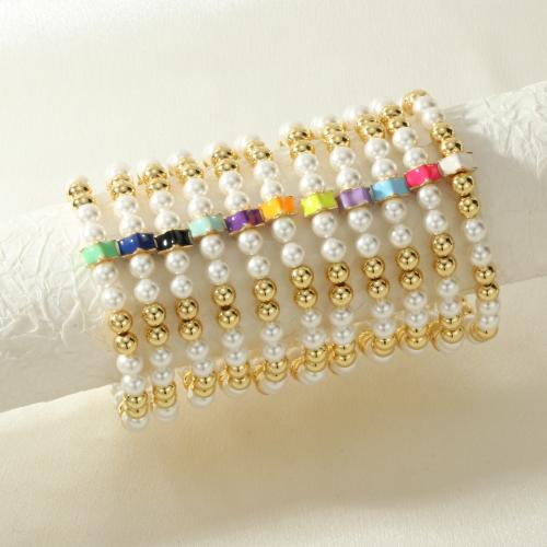 Bracelets Brass Enamel, laiton, avec Shell Pearl & fil élastique, rectangle, Placage de couleur d'or, pour femme & émail, plus de couleurs à choisir cm, Vendu par PC