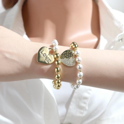 Bracelets Brass Enamel, laiton, avec Shell Pearl & zircon cubique & fil élastique, coeur, Placage de couleur d'or, pour femme cm, Vendu par PC