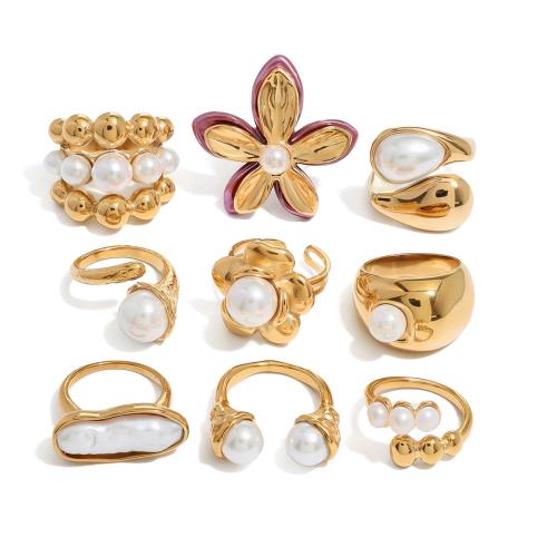 Stainless Steel Finger Ring, 304 Stainless Steel, with Plastic Pearl, plated, fashion jewelry & for woman, golden [