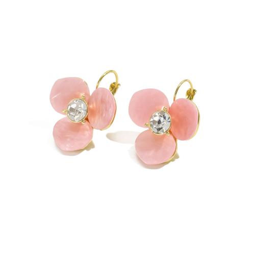 Rhinestone Brass Drop Earring, petals, plated, fashion jewelry & with rhinestone, pink 