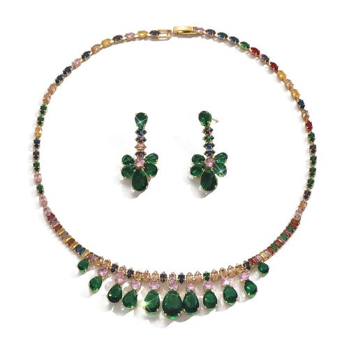 Messing Schmuck Set, mit Glas, plattiert, 2 Stück & Modeschmuck & mit Strass, grün, verkauft von setzen