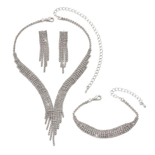 Messing Schmuck Set, mit Glas, silberfarben plattiert, drei Stücke & Modeschmuck & mit Strass, Silberfarbe, verkauft von setzen