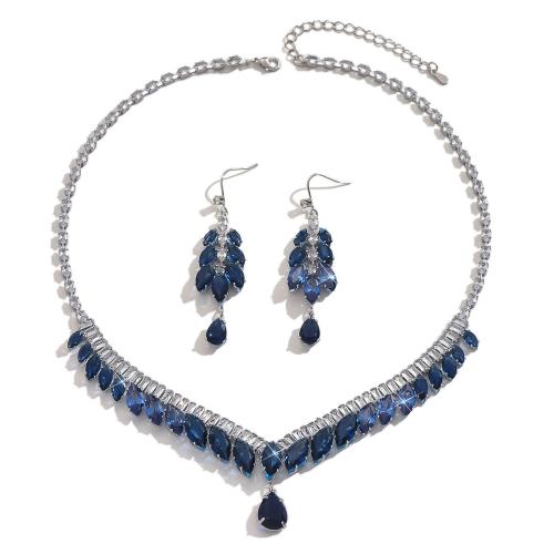 Zirkonia Micro Pave Schmucksets Messing, mit Glas, plattiert, 2 Stück & Modeschmuck & mit Strass, blau, verkauft von setzen[