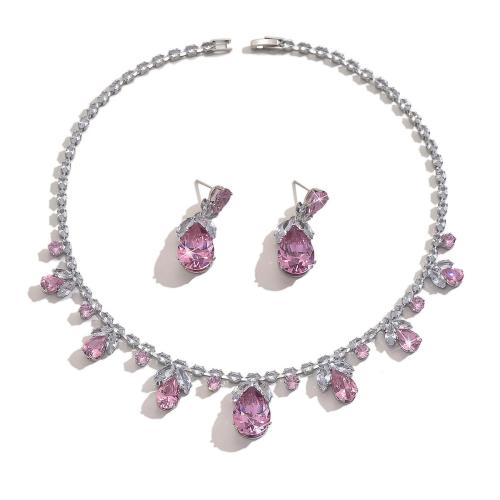 Messing Schmuck Set, mit Glas, plattiert, 2 Stück & Modeschmuck & mit Strass, Rosa, verkauft von setzen