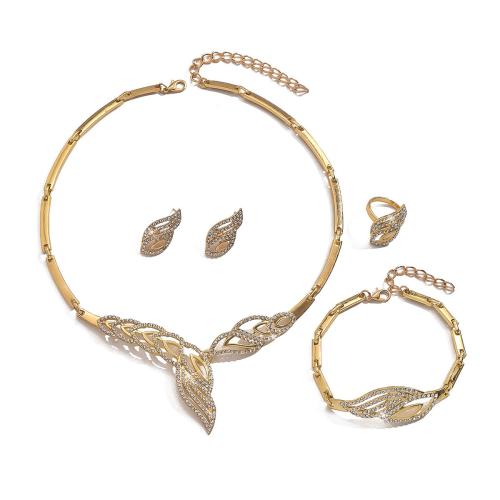Strass Zink Legierung Schmuck Set, Zinklegierung, mit Glas, Blatt, goldfarben plattiert, 4 Stück & Modeschmuck & mit Strass, goldfarben, verkauft von setzen