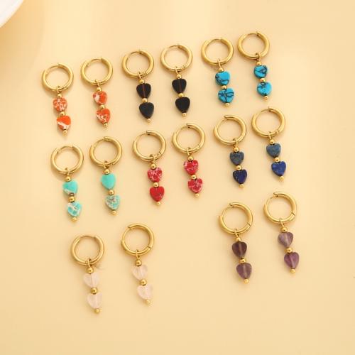 304 Stainless Steel Huggie Hoop Drop Earring, with Gemstone, Heart, gold color plated, fashion jewelry & for woman, Random Color 