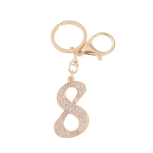 bijoux de porte-clés en Alliage de zinc, numéro, Placage de couleur d'or, unisexe & styles différents pour le choix & avec strass, 110mm, Vendu par PC