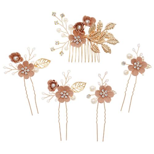 Bridal Decorative Hair Comb, Zinc Alloy, with Plastic Pearl, gold color plated, 5 pieces & fashion jewelry & with rhinestone, golden 