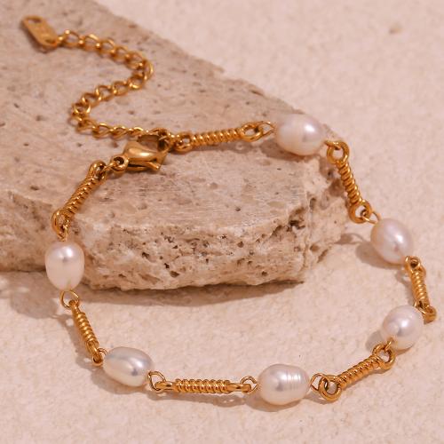 Bracelets de perles, acier inoxydable 316L, avec perle d'eau douce cultivée, Plaqué or 18K, bijoux de mode & fait à la main & pour femme, Vendu par PC[
