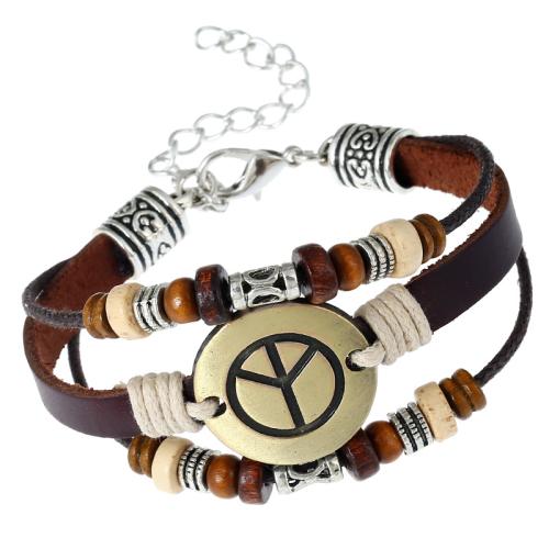 Cowhide Bracelets, with Wax Cord & Wood & Zinc Alloy, handmade, three layers & fashion jewelry & Unisex Approx 26.5 cm [