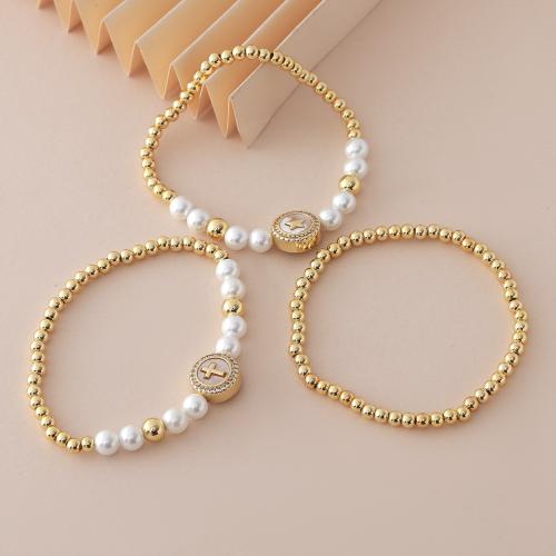 Cúbicos Circonia pulsera Latón de Micro pavimenta, metal, con Shell Pearl & Hilo elástico, chapado en color dorado, unisexo & diferentes estilos para la opción & micro arcilla de zirconia cúbica, Vendido por UD