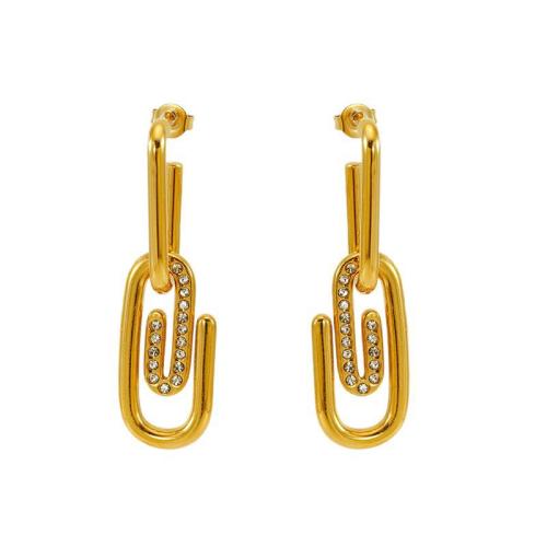 Boucle d'oreille goutte inox, Acier inoxydable 304, Plaqué or 18K, pour femme & avec strass & creux, Vendu par paire