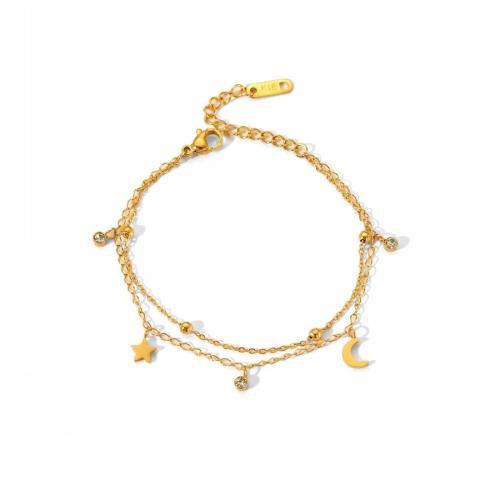 Titanium Steel Bracelet & Bangle, 18K gold plated, Double Layer & for woman & with rhinestone 