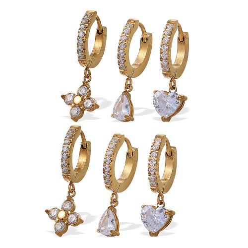 Boucles d'oreilles en acier titane, Placage de couleur d'or, bijoux de mode & styles différents pour le choix & pavé de micro zircon, doré, Vendu par paire