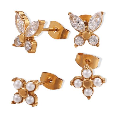 Boucles d'oreilles en acier titane, avec perle de plastique, Placage de couleur d'or, bijoux de mode & styles différents pour le choix & avec strass, doré, Vendu par paire