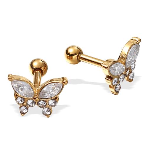 clou d'oreille en acier inoxydable avec stras, Acier inoxydable 304, Placage de couleur d'or, bijoux de mode & avec strass, doré, Vendu par paire