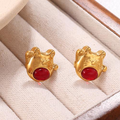 Boucles d'oreilles en acier titane, avec Oeil de chat, Placage de couleur d'or, bijoux de mode, doré, Vendu par paire