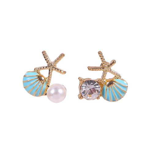 alliage de zinc boucle d oreille dormeuse, avec perle de plastique, coquille, Placage de couleur d'or, pour femme & émail & avec strass, plus de couleurs à choisir Vendu par paire