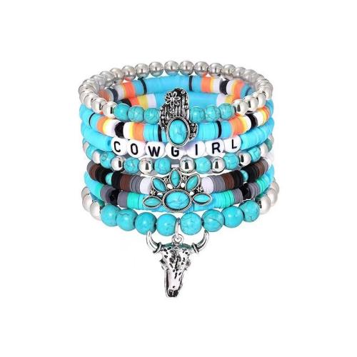 turquoise synthétique Set de bracelet, avec argile de polymère & alliage de zinc, fait à la main, style folk & unisexe Environ 6.7 pouce, Vendu par fixé