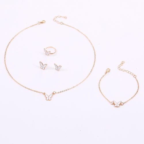 alliage de zinc parure de bijoux, Boucle d’oreille stud & bague, anneau & Bracelet & collier, papillon, Placage de couleur d'or, 4 pièces & pour femme & émail, plus de couleurs à choisir, necklace length 20inch, bracelet length 8.7inch Vendu par fixé