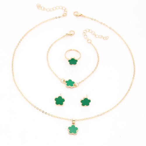 alliage de zinc parure de bijoux, Boucle d’oreille stud & bague, anneau & Bracelet & collier, fleur, Placage de couleur d'or, 4 pièces & pour femme & émail, plus de couleurs à choisir, necklace length 18.9inch, bracelet length 8.7inch Vendu par fixé