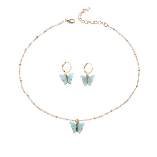 alliage de zinc parure de bijoux, boucle d'oreille & collier, avec Acrylique, papillon, Placage de couleur d'or, 2 pièces & pour femme, plus de couleurs à choisir, necklace length 20inch, Vendu par fixé