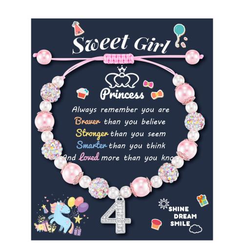 Plastic Pearl Bracelet, with Polyester Cord & Zinc Alloy, Number, handmade, Girl & with rhinestone Approx 6-10 Inch 