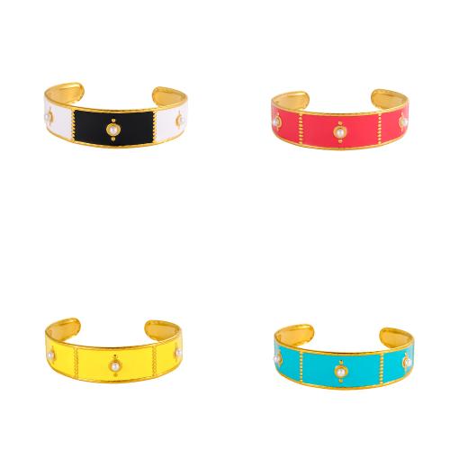 Stainless Steel Finger Ring, 304 Stainless Steel, with Plastic Pearl, Heart, gold color plated, fashion jewelry & enamel [