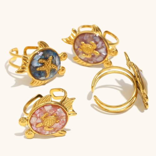 Émail Bague en Acier inoxydable , Acier inoxydable 304, avec coquille, Placage de couleur d'or, bijoux de mode & émail, plus de couleurs à choisir, Vendu par PC