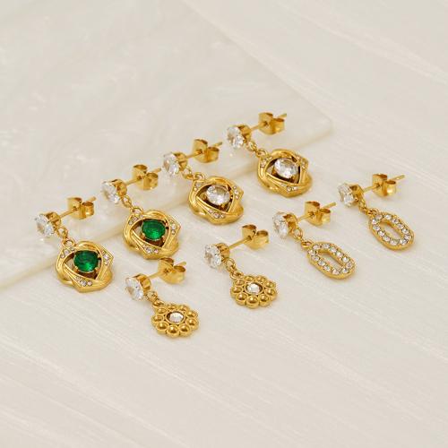 Boucle d'oreille goutte inox, Acier inoxydable 304, avec zircon cubique, Plaqué or 18K, styles différents pour le choix & pour femme & avec strass, Vendu par paire