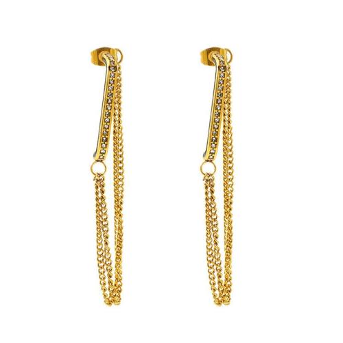 Boucle d'oreille goutte inox, Acier inoxydable 304, Plaqué or 18K, Double couche & pour femme & avec strass, Vendu par paire