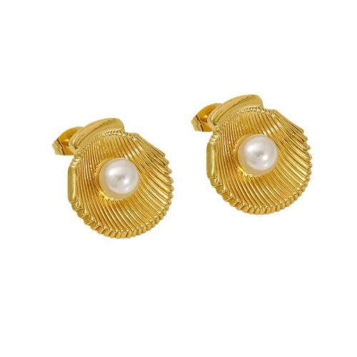 Серьги из нержавеющей стали, Нержавеющая сталь 304, с Пластиковая жемчужина, 18K позолоченный, ювелирные изделия моды & Женский, продается Пара