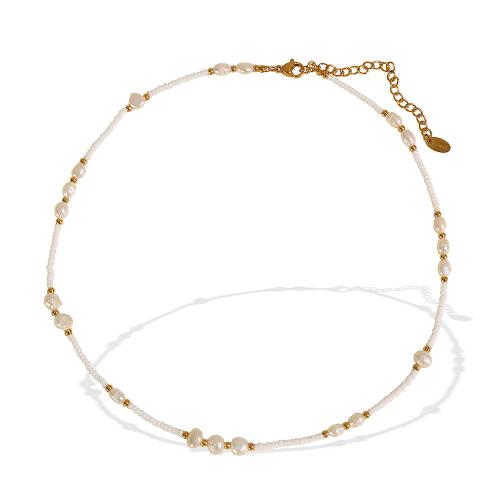 Природное пресноводное жемчужное ожерелье, Нержавеющая сталь 304, с Стеклянный камень & Пресноводные жемчуги, Другое покрытие, ювелирные изделия моды & Женский, Золотой, продается PC[