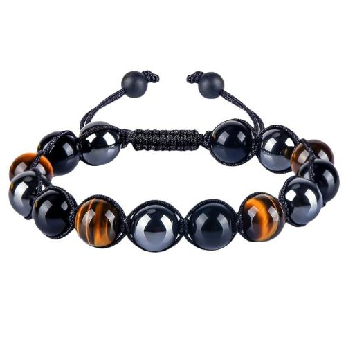 Tiger Eye Bracelet, with Obsidian & Polyester Cord & 304 Stainless Steel, Round, handmade & for man, beads length 10mm Approx 7-10 Inch 