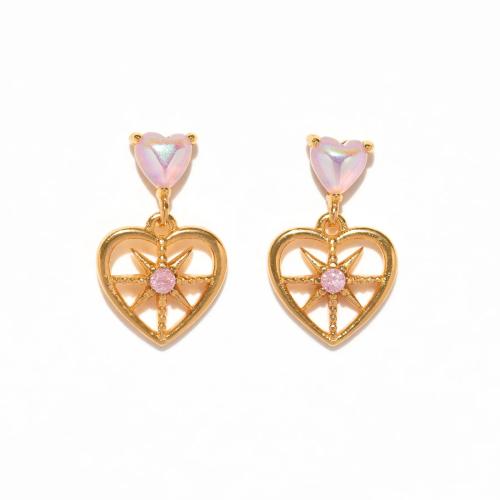laiton Boucle d'oreille goutte, avec perle de plastique, coeur, Placage de couleur d'or, pour femme & avec strass & creux Vendu par paire