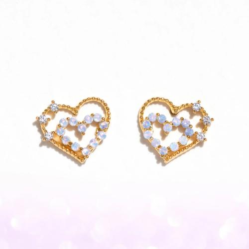 laiton boucle d oreille dormeuse, avec Opale, coeur, Placage de couleur d'or, pour femme & avec strass & creux Vendu par paire
